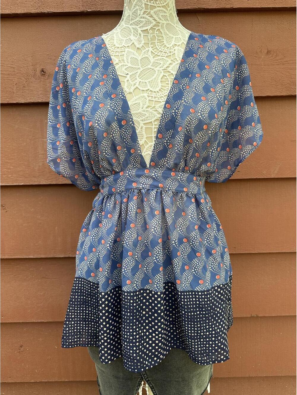 Xhilaration Vintage Inspired Blue Coral Patterned Tunic Dress with Polka Dot Hem